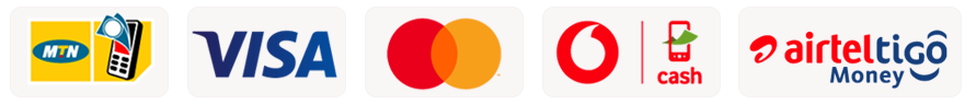 MTN, Visa, Mastercard, Vodafone Cash and AirtelTigo Money accepted